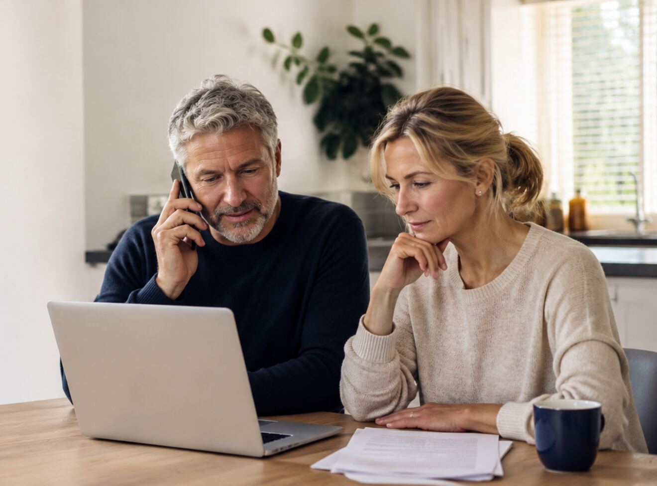 Twee mensen bespreken thuis informatie op een laptop en per telefoon